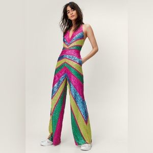 Sequin Colorblock Plunge Wide Leg Jumpsuit